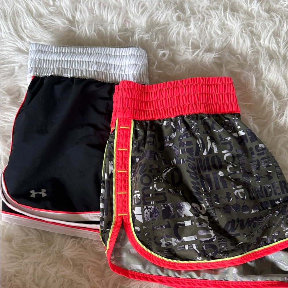 Under Armour women's Black and Olive Script Athletic Shorts with Neon Pink Trim